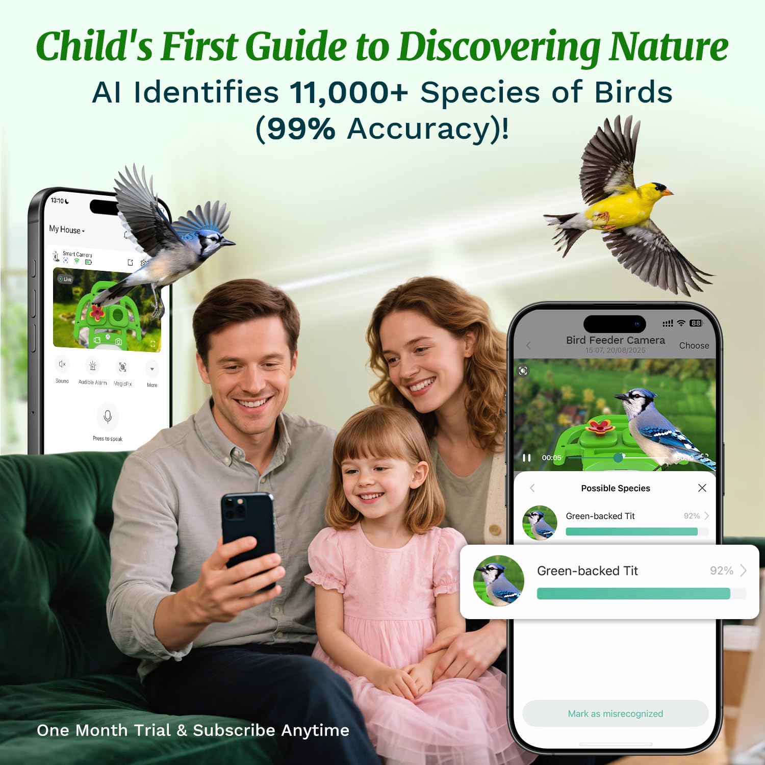 Smart Bird Feeder with Camera Solar Powered, AI Identify 11000+ Birds Species,2K Video Bird Feeder for Outdoors Garden,1L Large Capacity, for Birdlover,Green