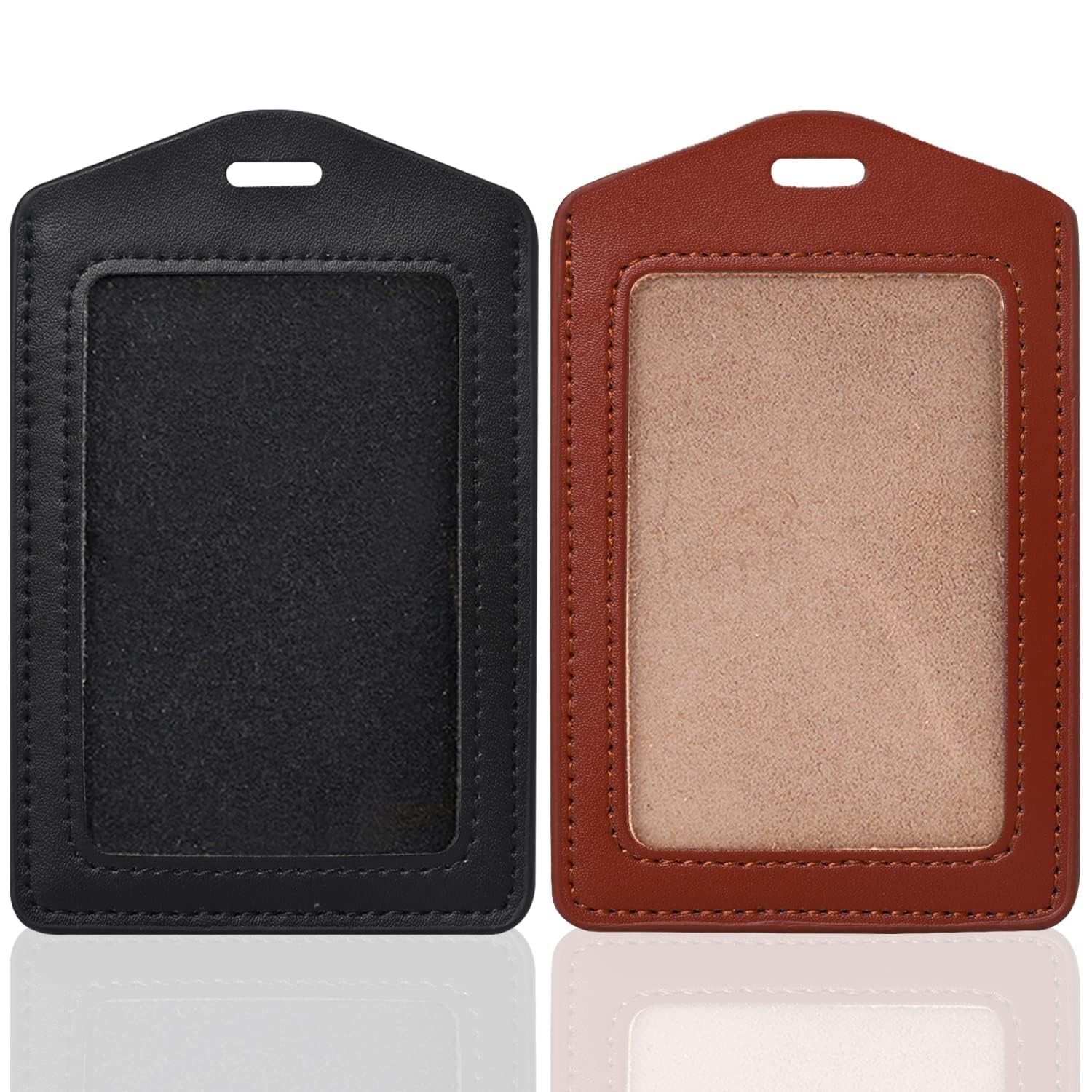 ASV 2 Pack Genuine PU Leather ID Badge Holders, Vertical ID Card Holders with Single-Side Clear Window, Waterproof Name Badge Holde Suit for Office, Staff, Students, Employees