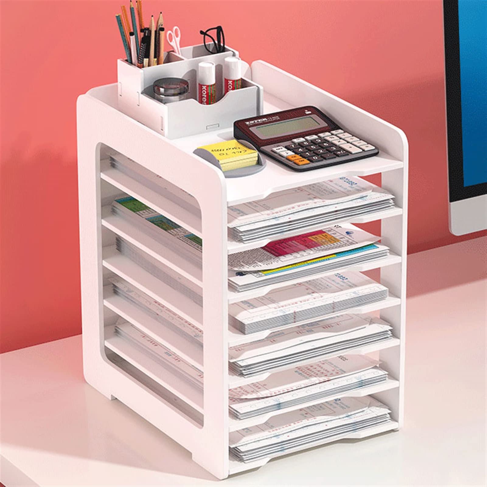 TOMYEUS Rastrelliere di File Scatola di archiviazione Documento Documento Ricevuta Classificazione Desk Rack Desktop Organizer File Rack 7 Strati Bianco Grande capacità Stoccaggio da scrivania