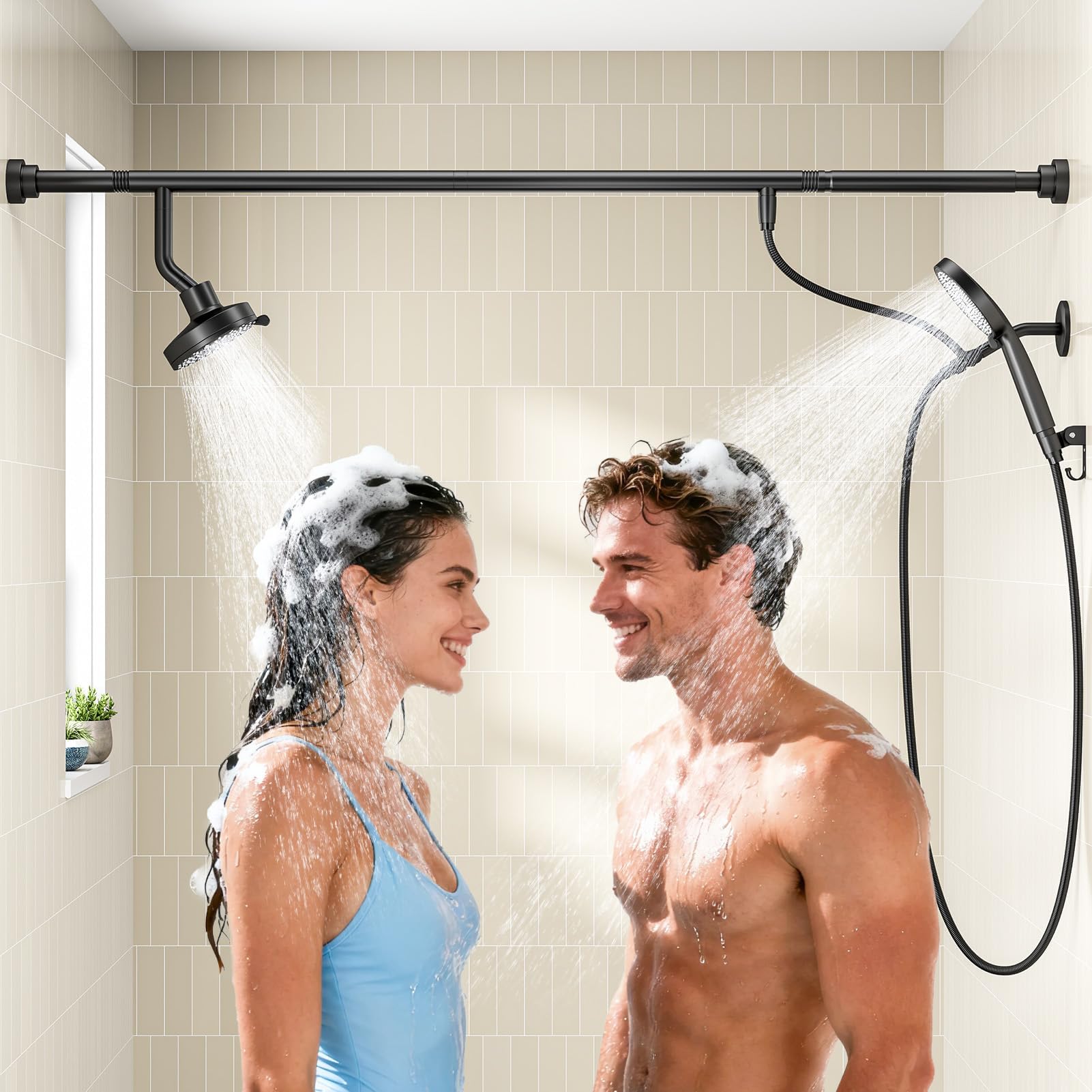 Dual Shower Head with Handheld for Couples, High Pressure Double Shower Heads for Two People Rod, Two Shower Head System Fit 2 People, Gifts for Women Men, SPA-Like (Black, Segmented