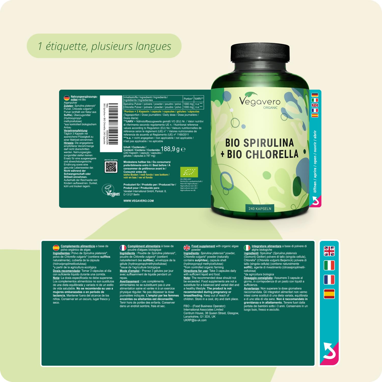 Spiruline + Chlorella BIO Vegavero® | Dose Élevée : 2000 mg | Detox + Antioxydant | GREEN SUPERFOOD 100% Naturel | Source de Vitamines, Minéraux, Protéines | VEGAN | 240 Gélules