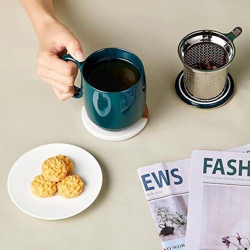 Miniatura 5 de ZENS Taza de té con infusor y tapa, 16 onzas, mango entrelazado, taza de té de hojas sueltas con tapa dorada para regalo de té, verde oscuro, 16.2