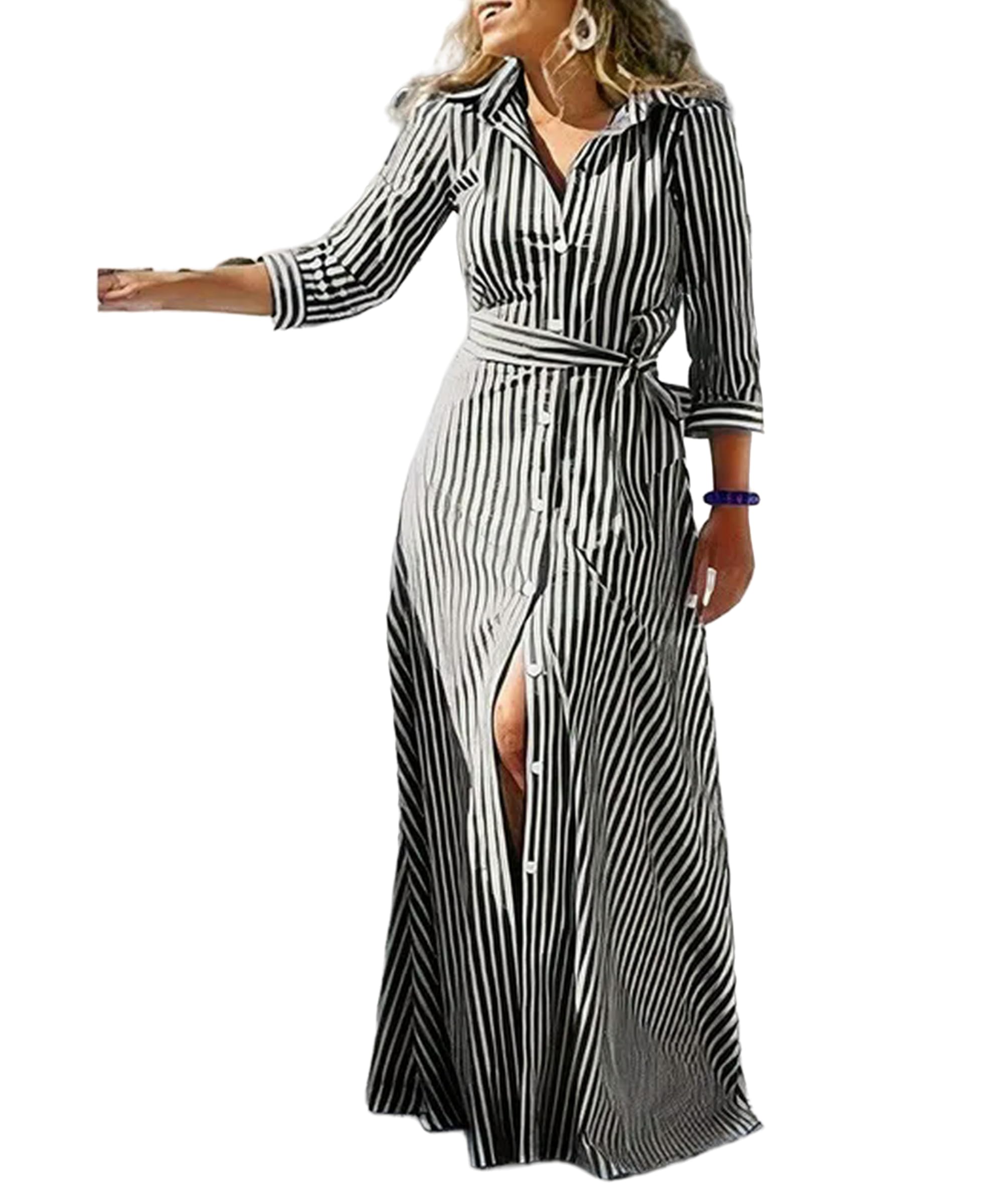 Juketron Vestido Camisero de Manga Larga con Cuello Vuelto para Mujer, Vestidos Estampados con Cordones, Moda Informal de otoño, Vestidos Largos con Vuelo Grande