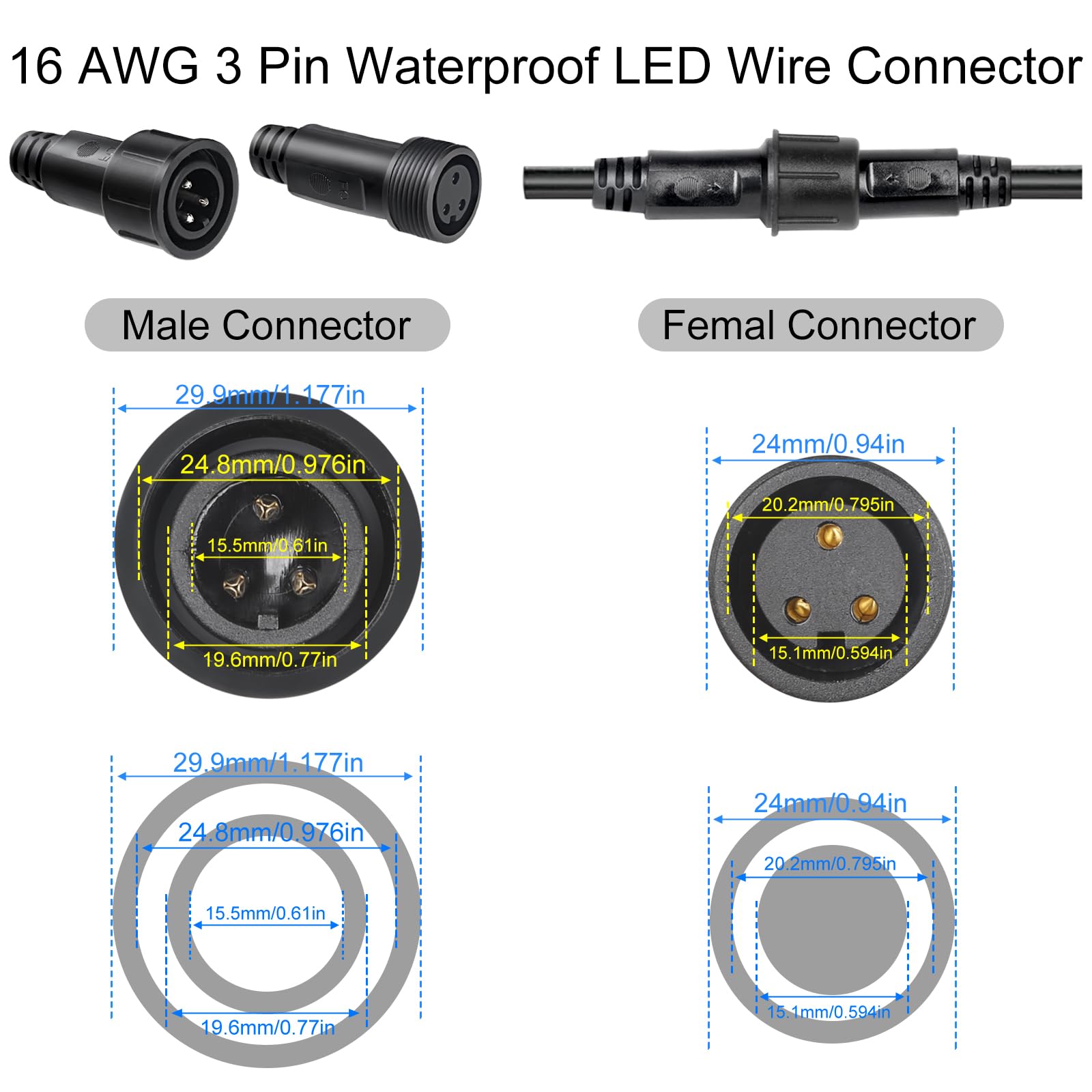 wecan 3 Pin Waterproof Wire Connector, 16 AWG 3meters IP68 Male and Female Heads Quick Extension Cable for Car Truck, Boat - Image 2