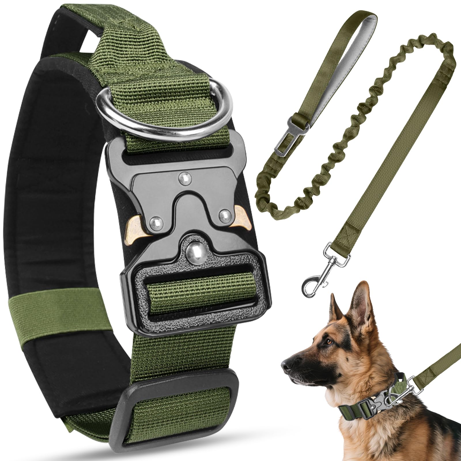 Tactical Dog Collar and Lead Set, Adjustable Military Training Nylon Dog Collar with Heavy Duty Metal Buckle & Handle