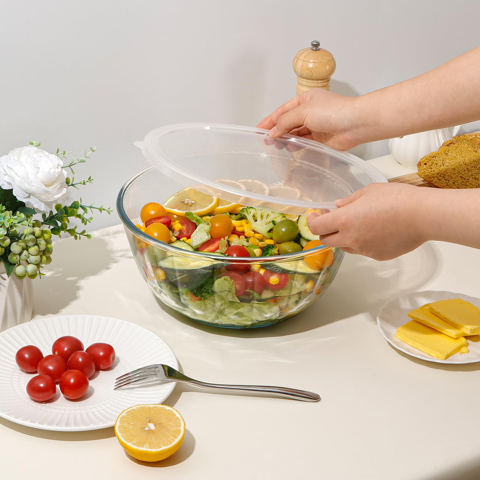NUTRIUPS Große Glas-Rührschüssel mit Deckel, tiefe große Glasschüssel, große Salatschüssel (Weiß-A)