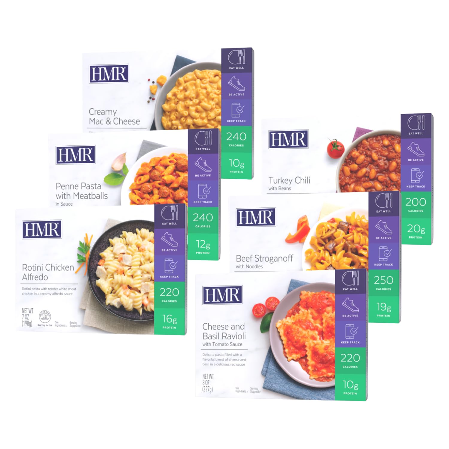 HMRTop 6 Entrée Pack, Pre-Packaged Lunch or Dinner to Support Weight Loss, Pack of 6 Ready to Eat Meals, 10-20 grams of Protein per Entrée, Low Calorie Food, 7-8 oz Servings per Meal