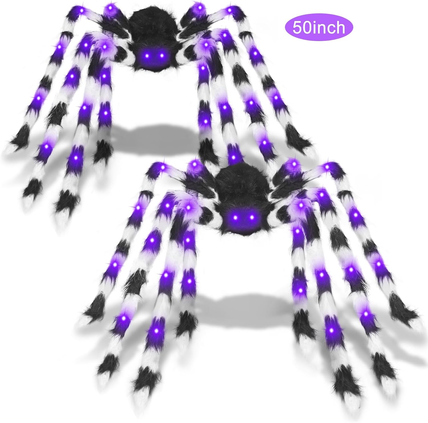 2 Pack 50 Inch Giant Halloween Light up Spiders Outdoor Decorations, Scary Giant Spider with 26 Purple LED Lights, Fake Large Spider for Indoor Outside Haunted Party Favor Yard Home House Props Decor