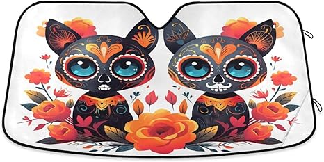 ALAZA Sugar Skull Cat Day of Dead Car Windshield Sun Shade Front Window Sunshade Cover Foldable Sun Shield Visor, 55x27.6 inch