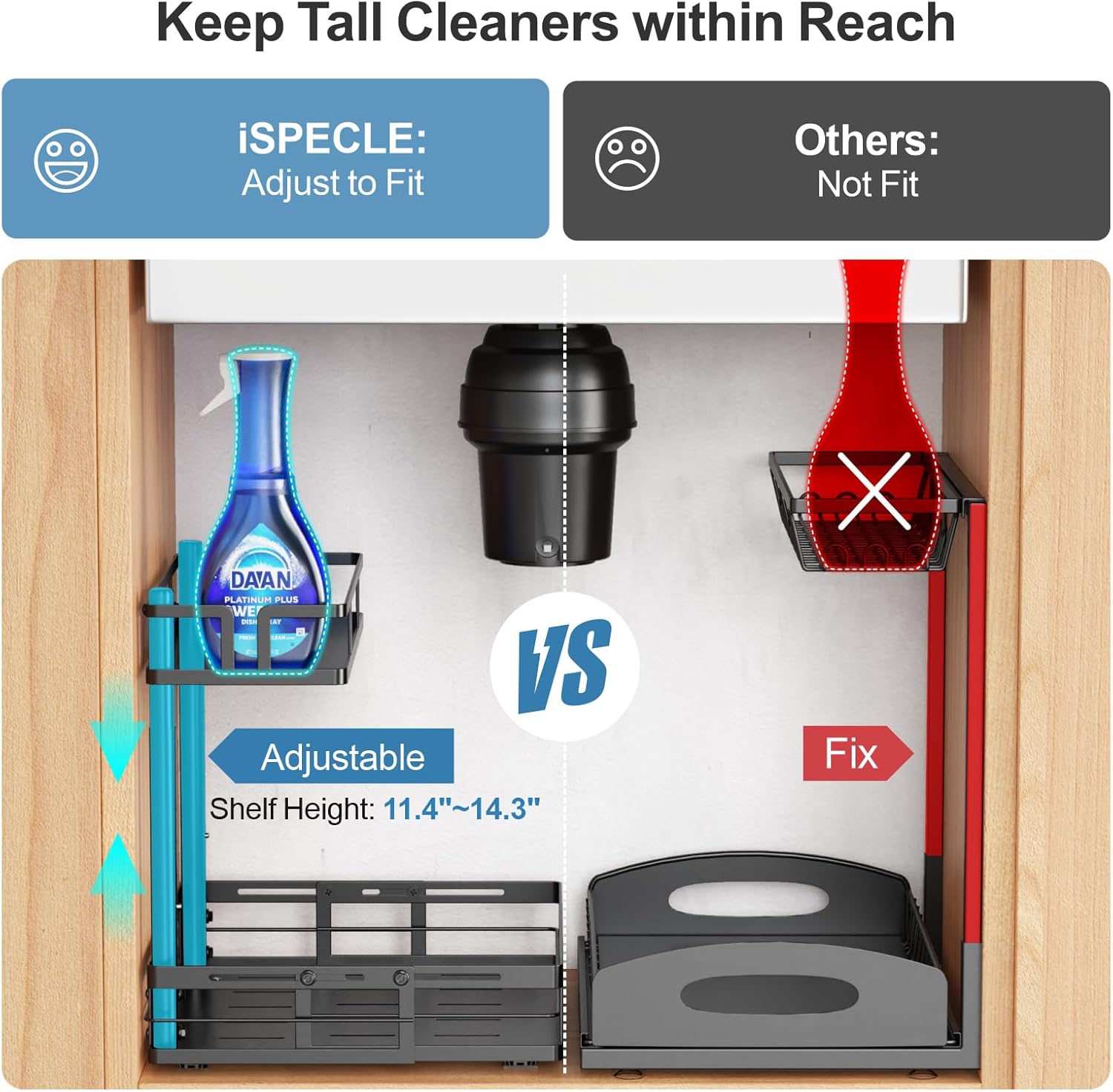 iSPECLE Under Kitchen Sink Organizer, 2 Pack L-Shaped Height Adjustable Pull-Out Cabinet Organizer for Center-Mounted Garbage Disposal & Plumbing, Heavy-Duty Sliding for 30-36 Inch Wide Sink Cabinets