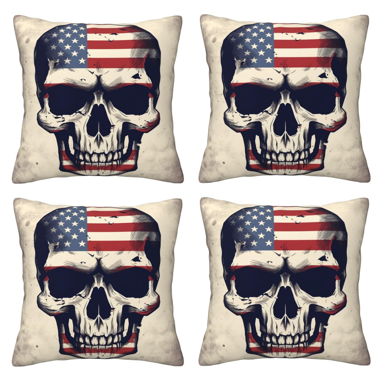 American Flag Skull Throw Pillow Cases 4 Pack Square Pillowcases Super Soft Pillow Protectors With Zipper for Couch Livingroom Sofa Bed Office Car,45x45 CM
