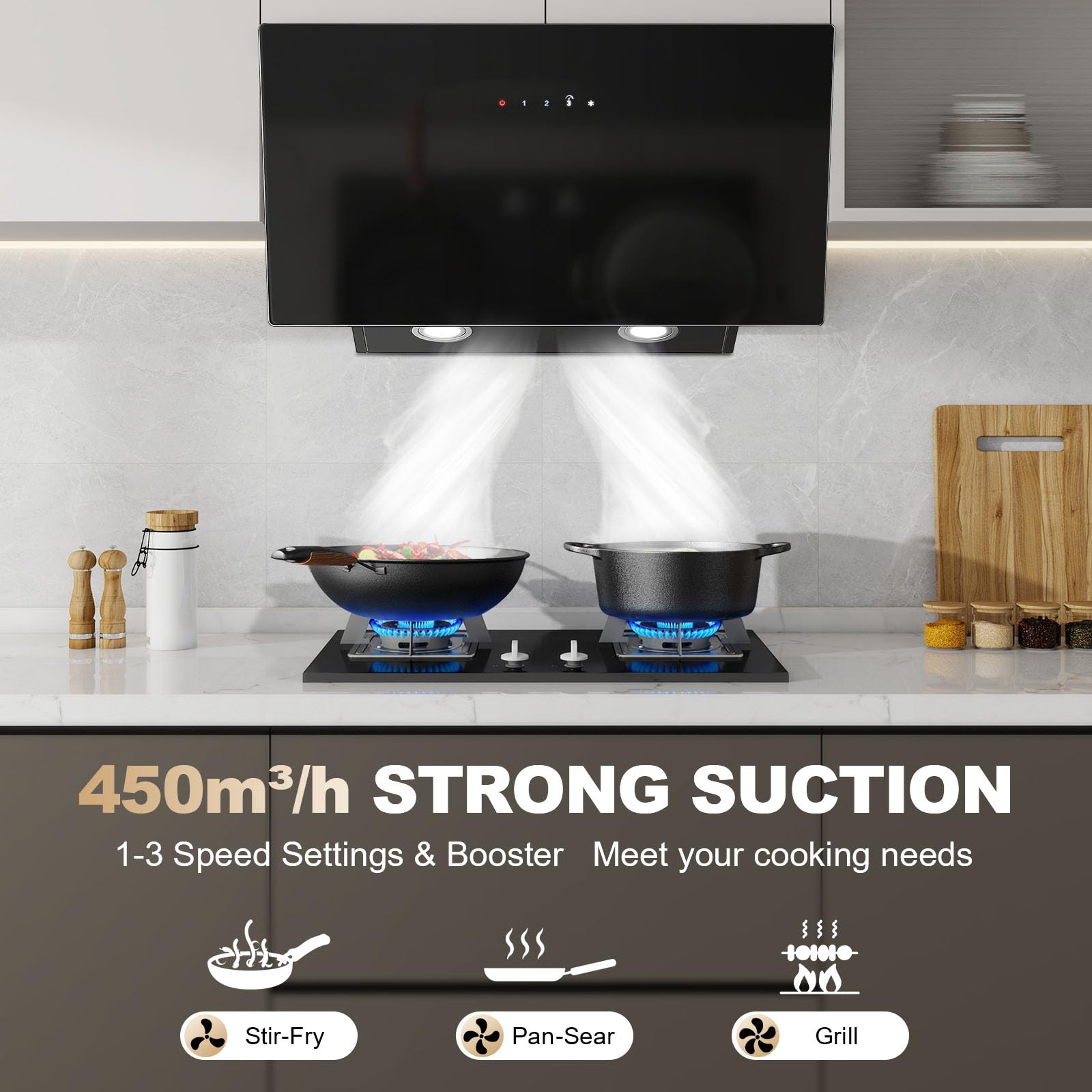 Cooker Hood 60cm, TopStrong Extractor Fan Kitchen, Wall-Mounted Extractor Hood, A+++ Kitchen Hood, 450 m³/h, Touch Control, 3 Speed + Booster, Recirculating & Ducting System, Black - 3