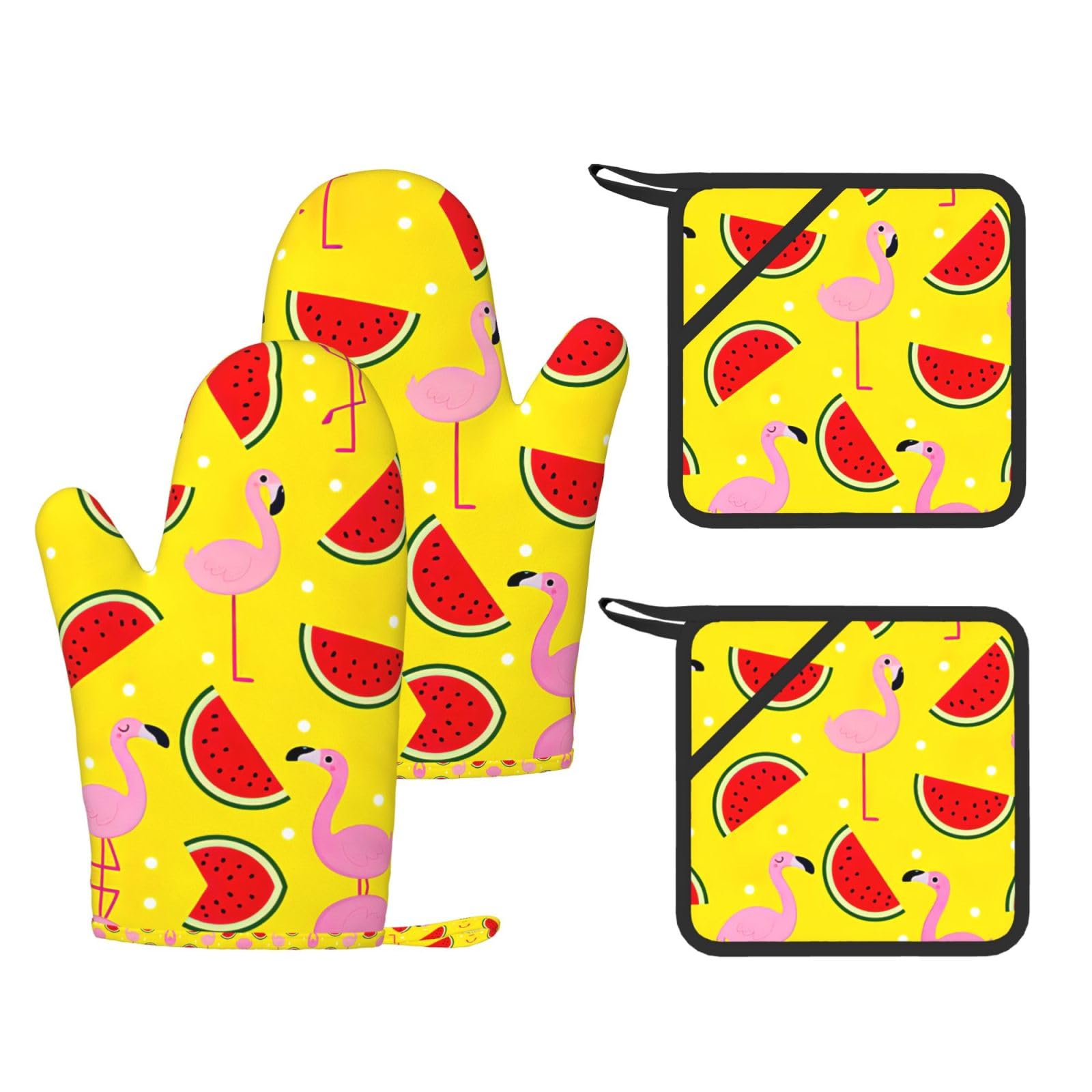 Pink flamingo and watermelon Printed Oven Gloves and Hot Pads Set of 4, High Heat Resistant Silicone Mitts for Cooking BBQ