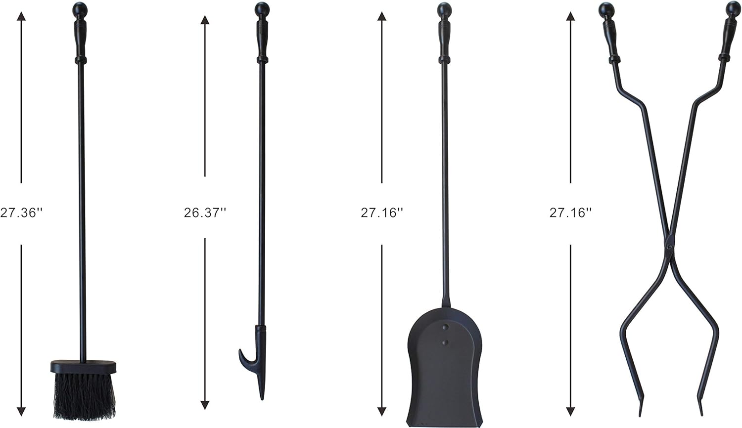 5 Pieces Fireplace Tools Tool Set Wrought Iron Fireset Firepit Fire Place Pit Poker Wood Stove Log Tongs Holder Tools Kit Sets with Handles Modern Black