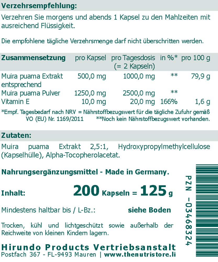 Muira puama 500 mg Extrakt vegan Kapsel 200 Stk.