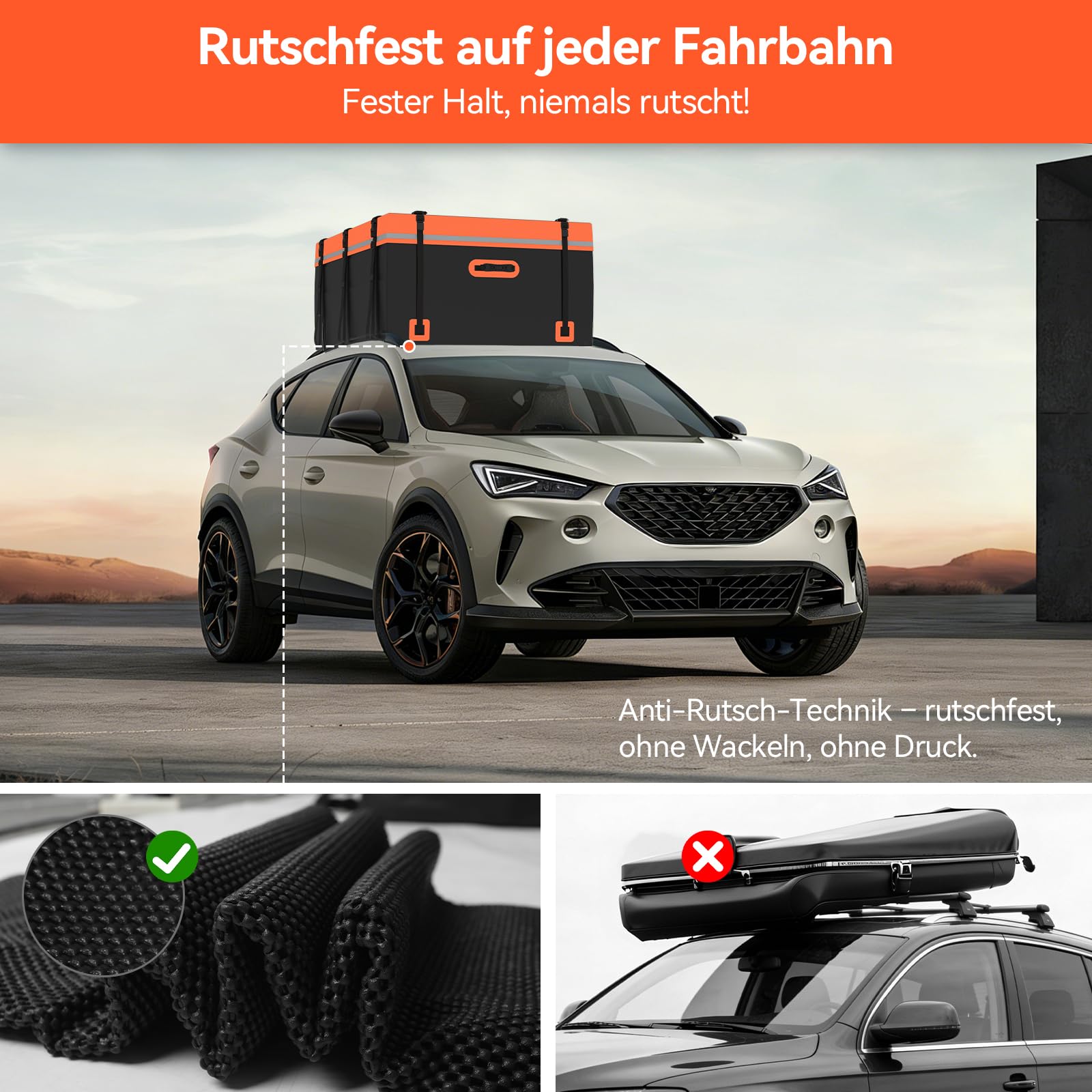 ARTETHYS Dachbox Auto 21 kubikfuß, wasserdichte & Strapazierfähige, Orange | Dachtasche, Faltbare Dachkoffer mit Anti-Rutsch Matte, Gepäckbox für alle Fahrzeuge mit/ohne Gepäckträger, 8 Türhaken