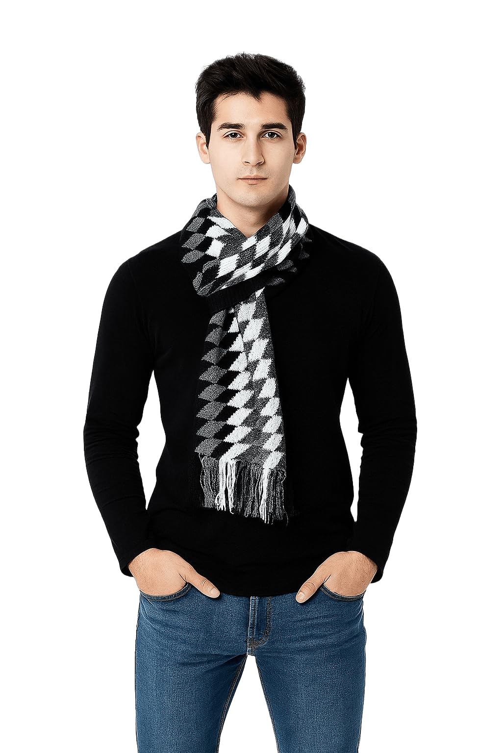 Men’s Winter Scarf – Black & White Geometric Knit Pattern | Soft Acrylic Warm Muffler for Casual & Formal Wear pack of 1 colors :- Black-image-20