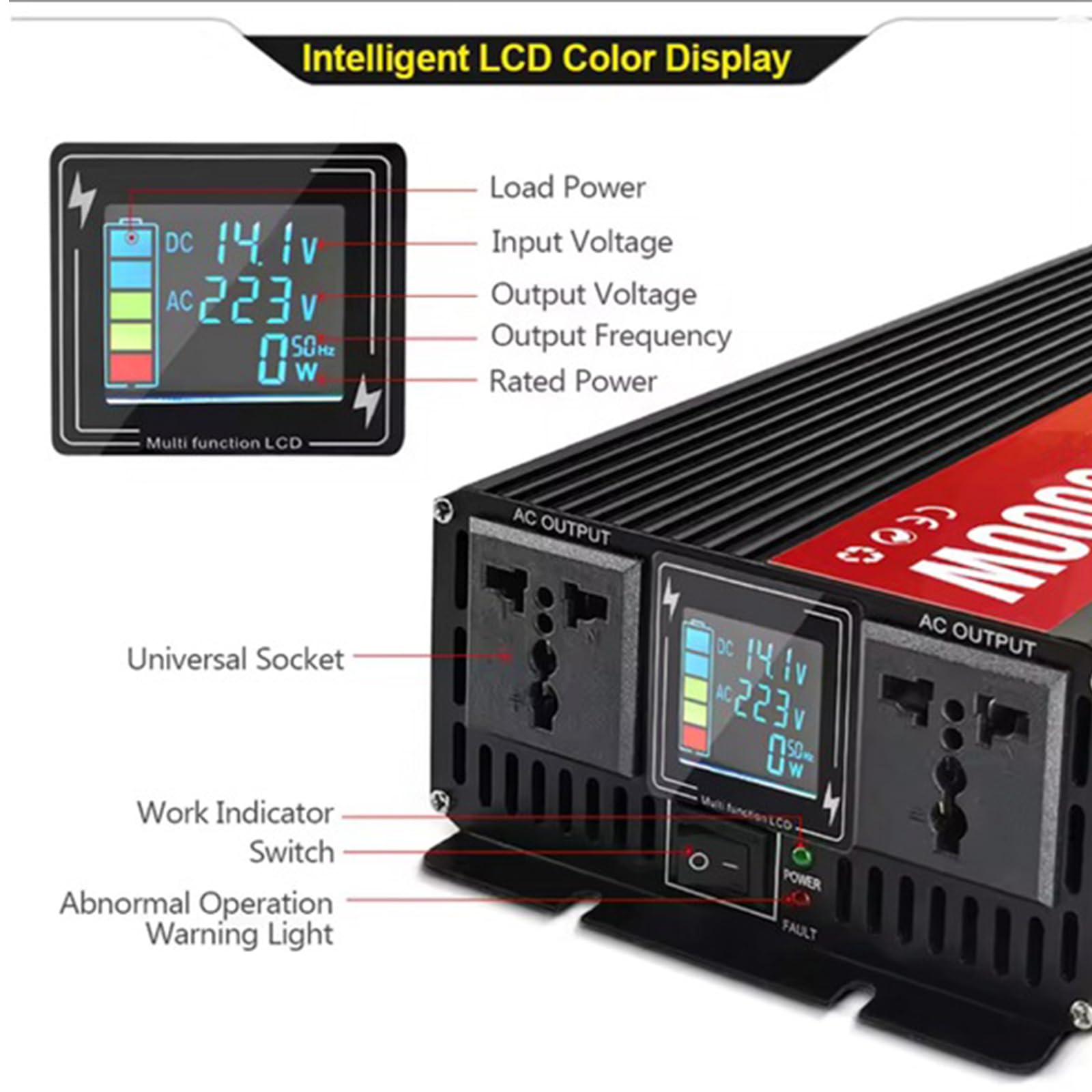 Falownik solarny o czystej fali sinusoidalnej 120 V/220 V, przetwornica mocy DC 12 V-72 V na 50 Hz/60 Hz, 2000 W/4000 W (szczytowa), falownik samochodowy do pojazdów