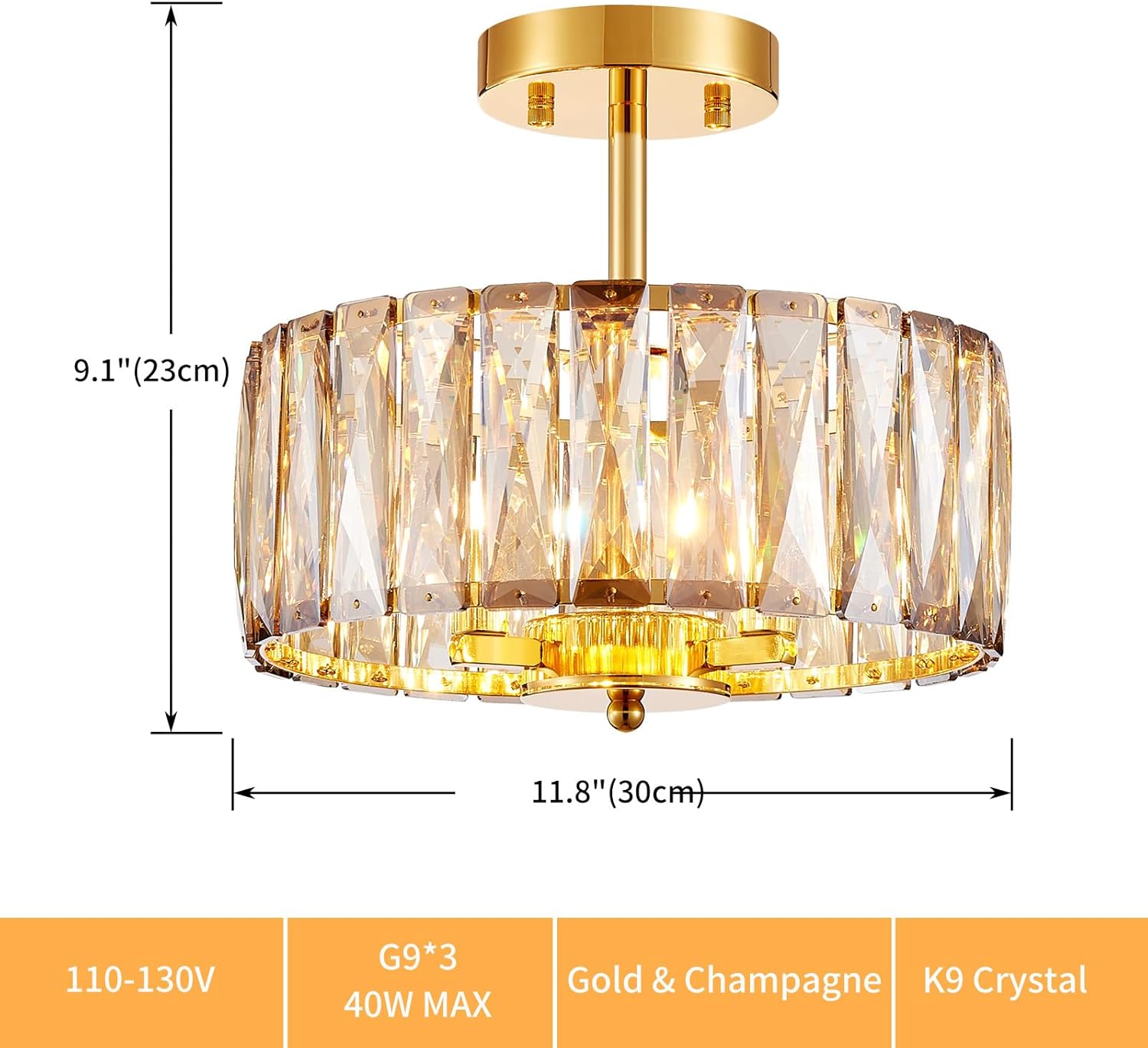 Modern K9 Crystal Ceiling Light, 3-Light Semi-Flushmount Close to Ceiling Light Fixture for Kitchen, Bedroom, Hallway, D12xH9inch, Champagne Crystal & Gold Finish