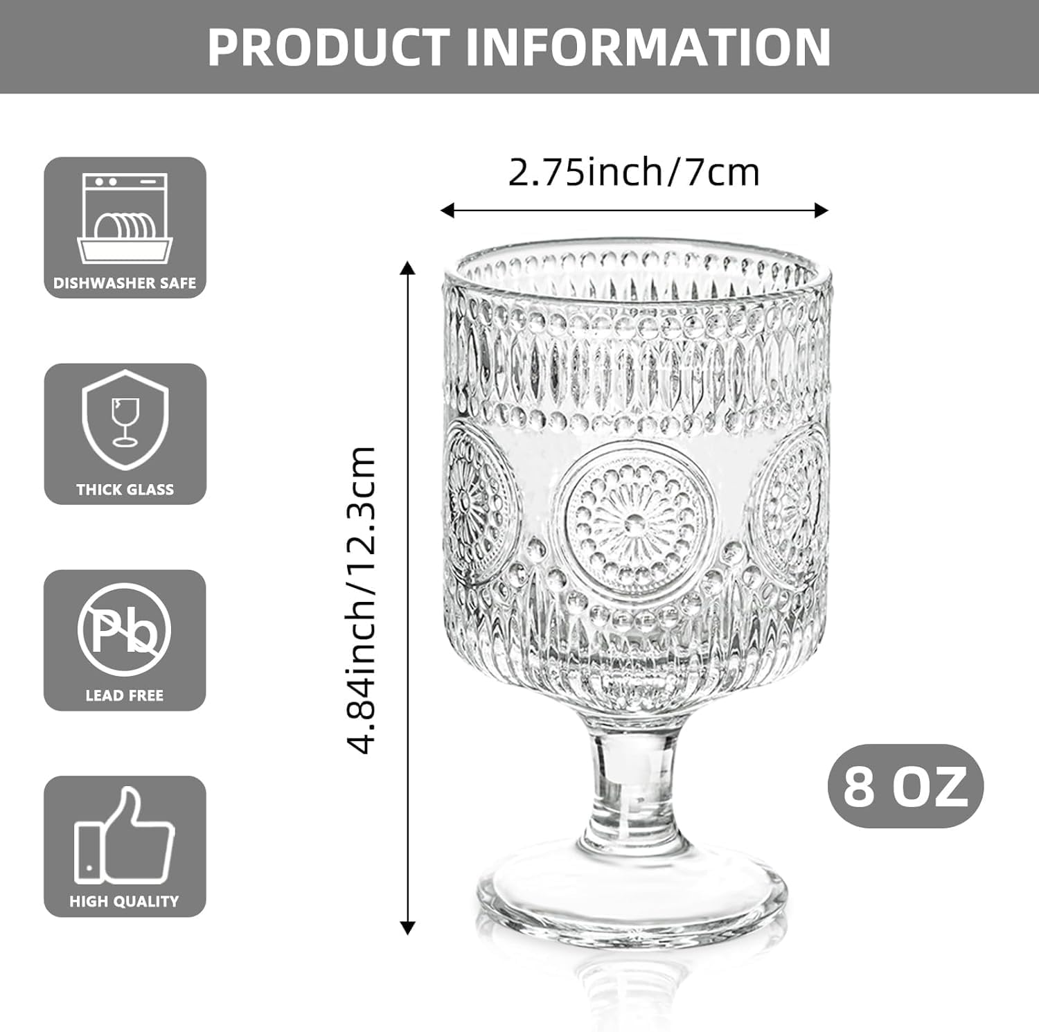 Romantic Vintage Goblet Glasses Set of 2, 8oz Floral Embossed Cocktail Glasses for Parties, Bars, Restaurants, Special Dinners (Set of 2)