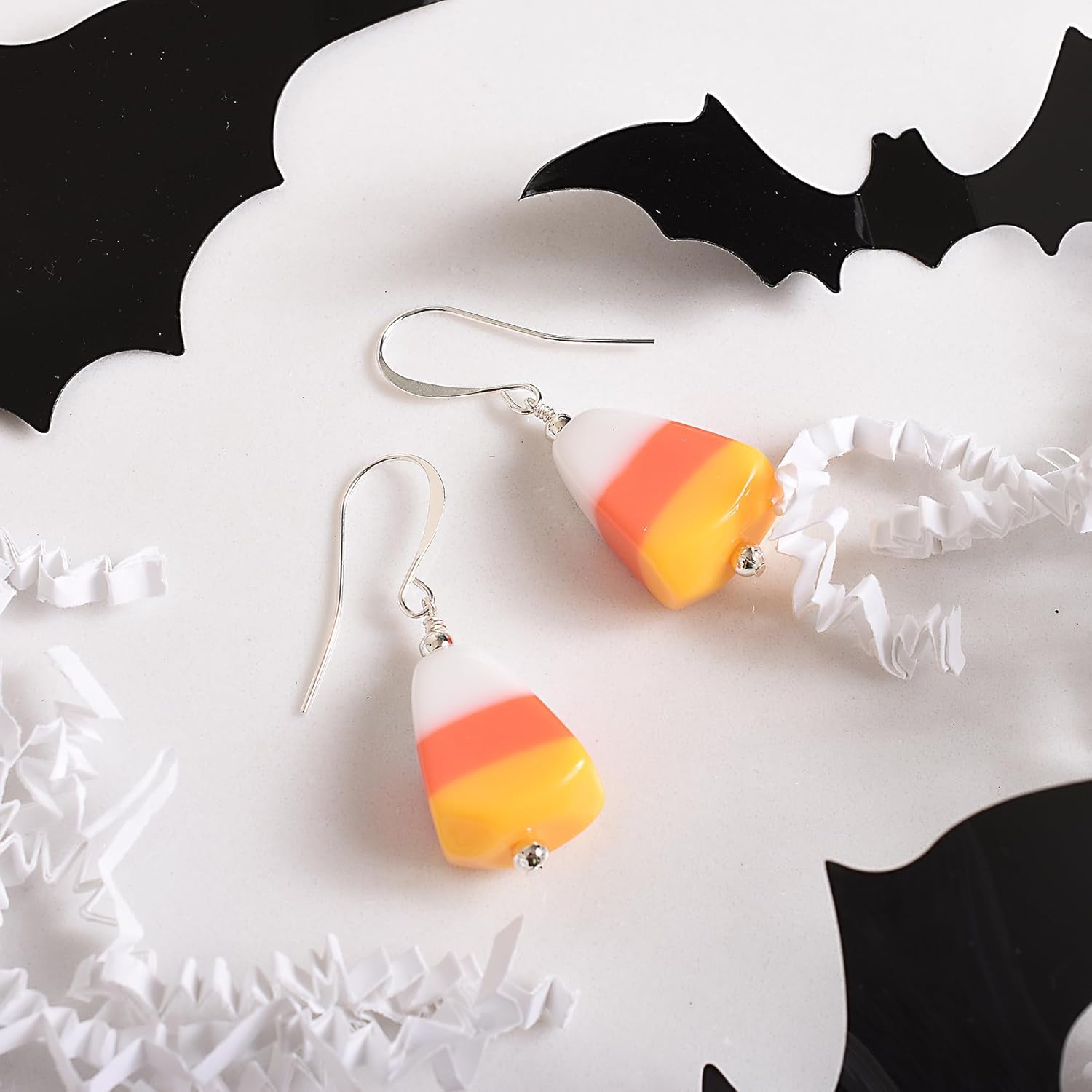 Designed by Stacey Handmade Candy Corn Dangle Drop Earrings, Silvertone Ear Wires, Festive Halloween Jewelry, Gifts for Women, October Birthday, Fall Celebrations, Trick or Treat Accessories - Image 4