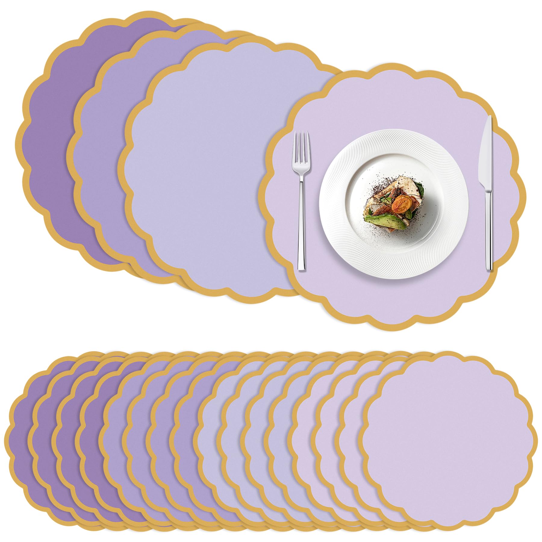 Photo 1 of 100 Pcs Purple Paper Placemats 13.5 Inch Disposable Scalloped Colorful Pastel Round Table Place Mats with Gold Edges, Decorative Colors Mats for Birthday Wedding Bridal Shower Banquet Tea Party