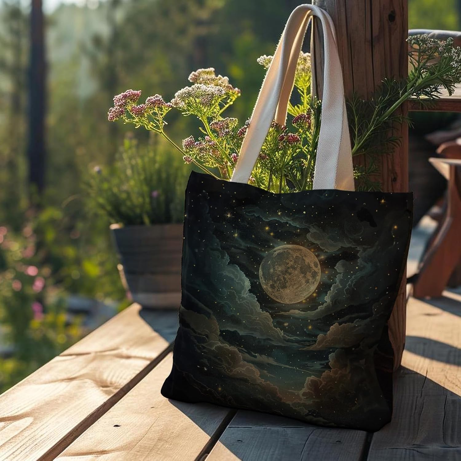 Mystical Celestial Moon and Stars Tote Bag, Enchanting Starry Night Sky Canvas Tote Bags for Women, Dark Academia Tote Bag, Reusable Grocery Bags Shopping Bags - Image 4