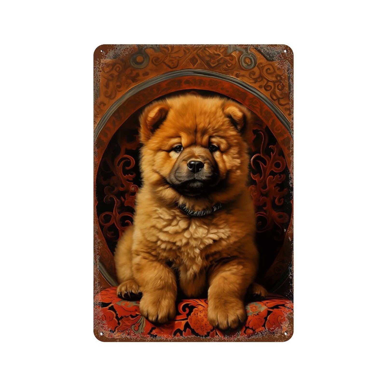 Chow Chow Puppy Portrait Aged Metal Wall Plaque 11.8"x7.9", Old School Wall Decor for Garage, Pub Or Kitchen