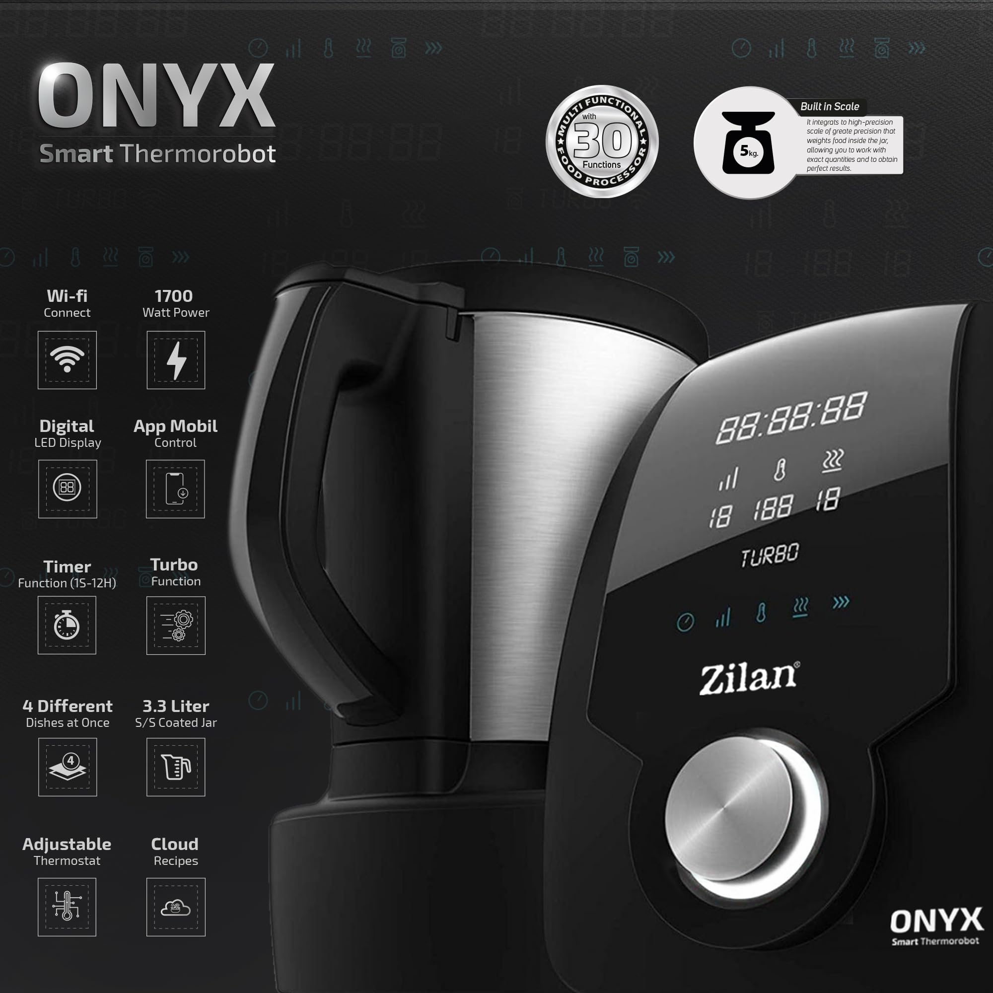 Zilan ONYX Thermorobot,Robot de Cocina Multifunción con Wi-Fi,30 Funciones, pantalla LED digital, Báscula integradar, 3,3L, 1700W