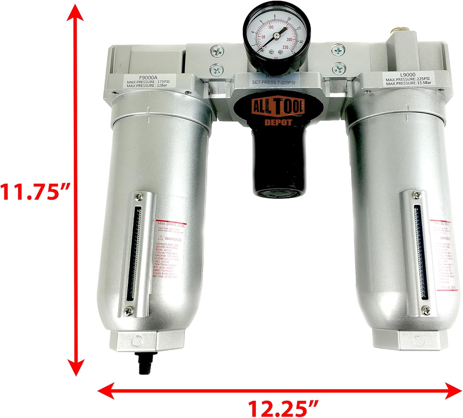 1" NPT SUPER DUTY Compressed Air In Line Filter Regulator Lubricator Oiler Combo, Metal Bowl, 5 Micron Element, Adjustable From 7 to 175 PSI (AUTO DRAIN)