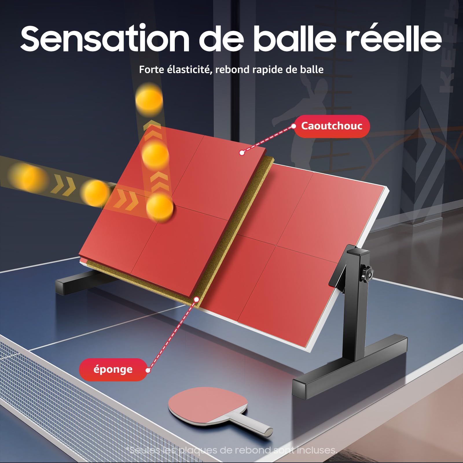 Entraîneur de tennis de table, angle réglable à 360°, 8 blocs en caoutchouc, grande zone d'exercice, tennis de table, planche de rebond avec 7 couches de bois, planche de rebond en acier pour