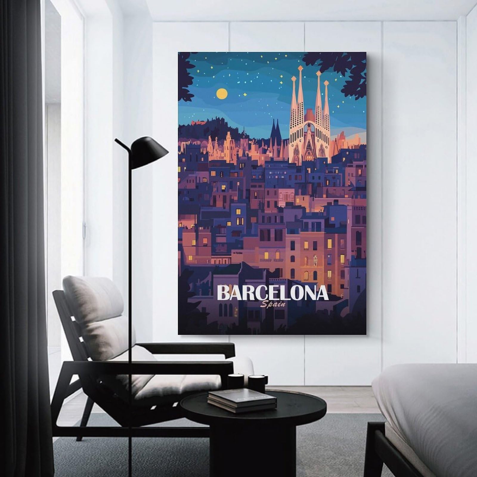 Junmoney Wall Art Print Barcelona Spain Cityscape at Night, 16x24inch(40x60cm), for Living Room, Bedroom Or Apartment Walls, Modern Wall Decor for Cosy Interiors