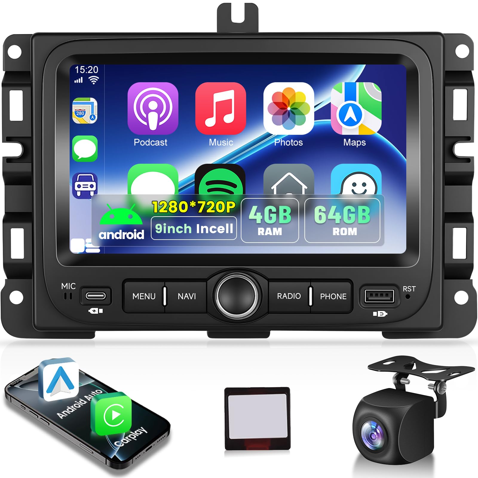 NHOPEEW Radio samochodowe 4+64G do Jeep Renegade 2016-2020/Compass 2017-2020 z bezprzewodowym Carplay i Android Auto – 7-calowy ekran Incell, obsługuje WiFi, GPS + kamerę cofania, magistralę Canbus