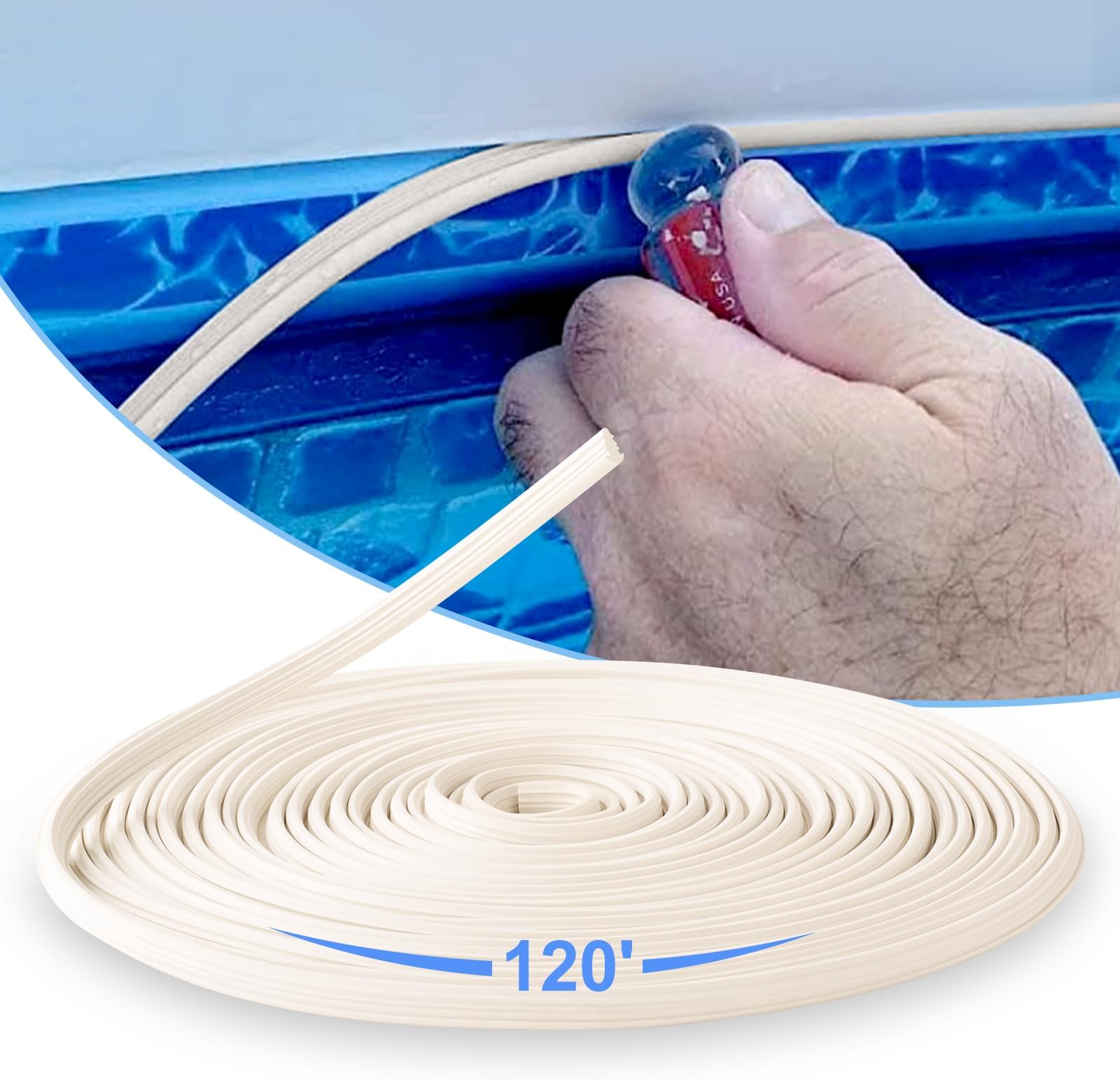 Swimming Pool Liner Locking Strips - 120ft White Pool Bead Wedge Lock Roll, Pliable Plastic Flexible Pool Liner Repair Kit Fit for most Above-Ground & In-Ground Swimming Pool Vinyl Beaded Liners