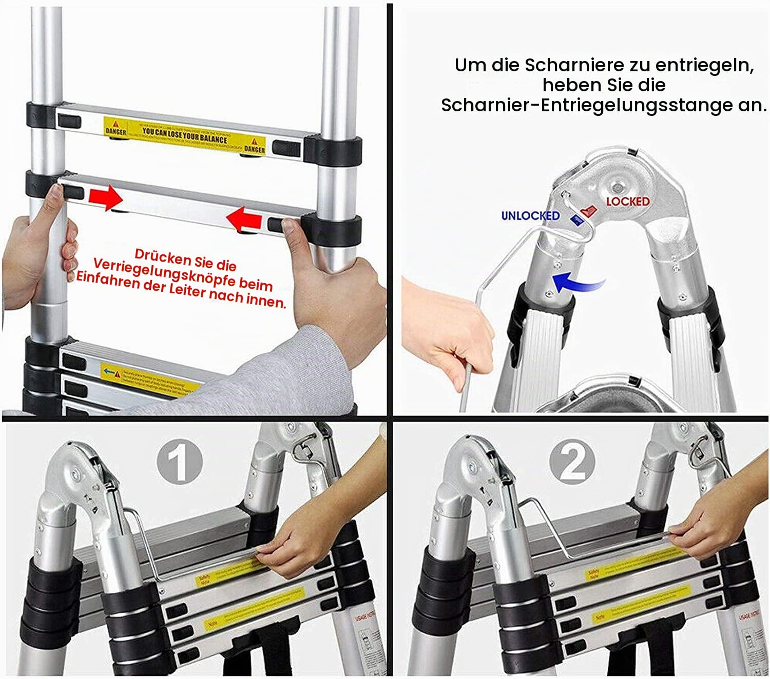 2,5+2,5m Aluminium Klappleiter Teleskopleiter, rutschfest Ausziehleiter Dachbodenleiter Ausziehbar Anlegeleiter, 8+8 Sprossen, Leicht zu Tragen, 150kg Tragkraft