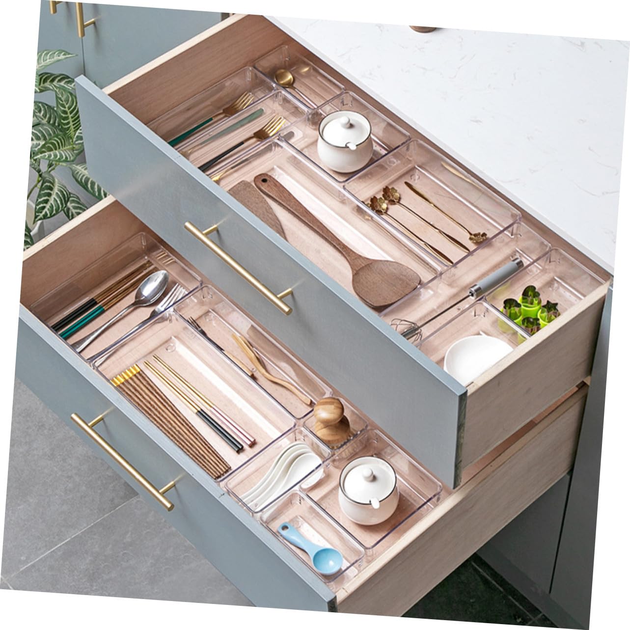 Veemoon Data [ Set Da 7 Contenitori Trasparenti Per Cassetti, Organizer Per Cassetti Da Trucco e Scrivania, Divisori a Griglia in Plastica Resistente Per Bagno, Cucina e Ufficio