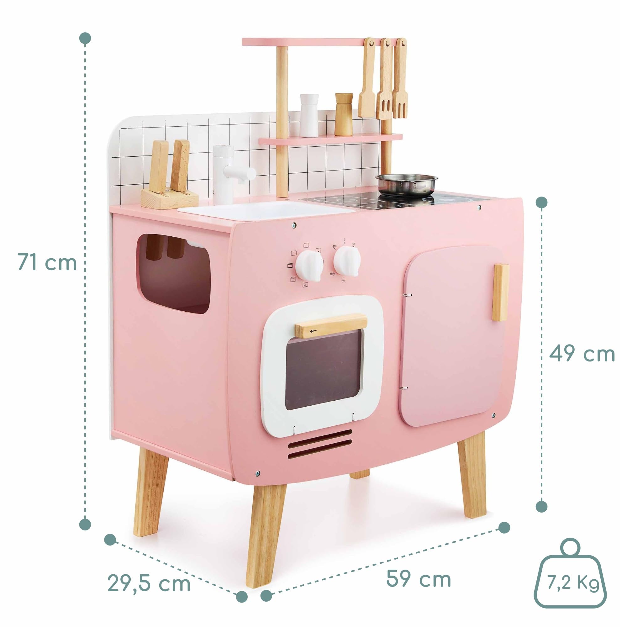 Mamabrum Drewniana Kuchnia dla Dzieci w Stylu Retro z Fartuszkiem, Garnkami i Akcesoriami, Zabawkowa do Zabawy, Pastelowy Róż