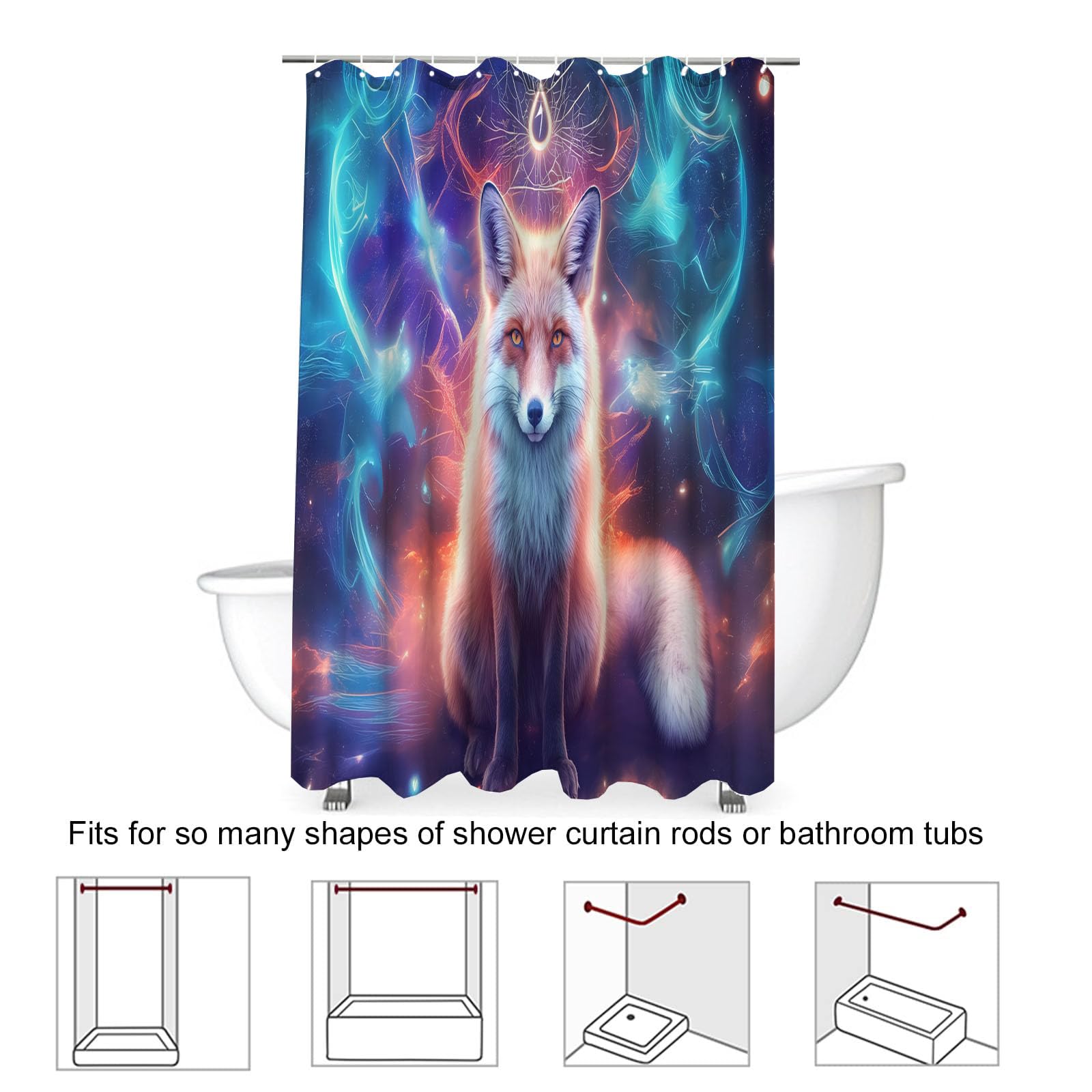 Cortina de Ducha con impresión Digital de Fantasía Animales Cortina de Baño con Cielo Estrellado Zorro,240x200cm Impermeable Cortinas de Ducha con 12 Ganchos Tela de poliéster para baño