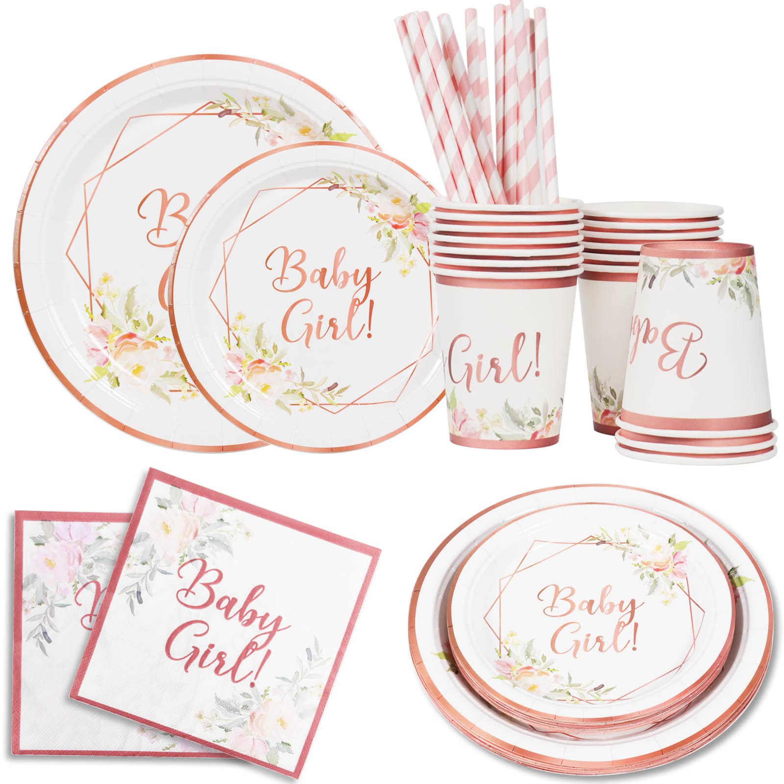Girl Baby Shower Plates and Napkins for 16, Pink Rose Gold Paper Plates,  Dessert Disposable Party Tableware, Napkins, Cups, Straws for Baby Shower