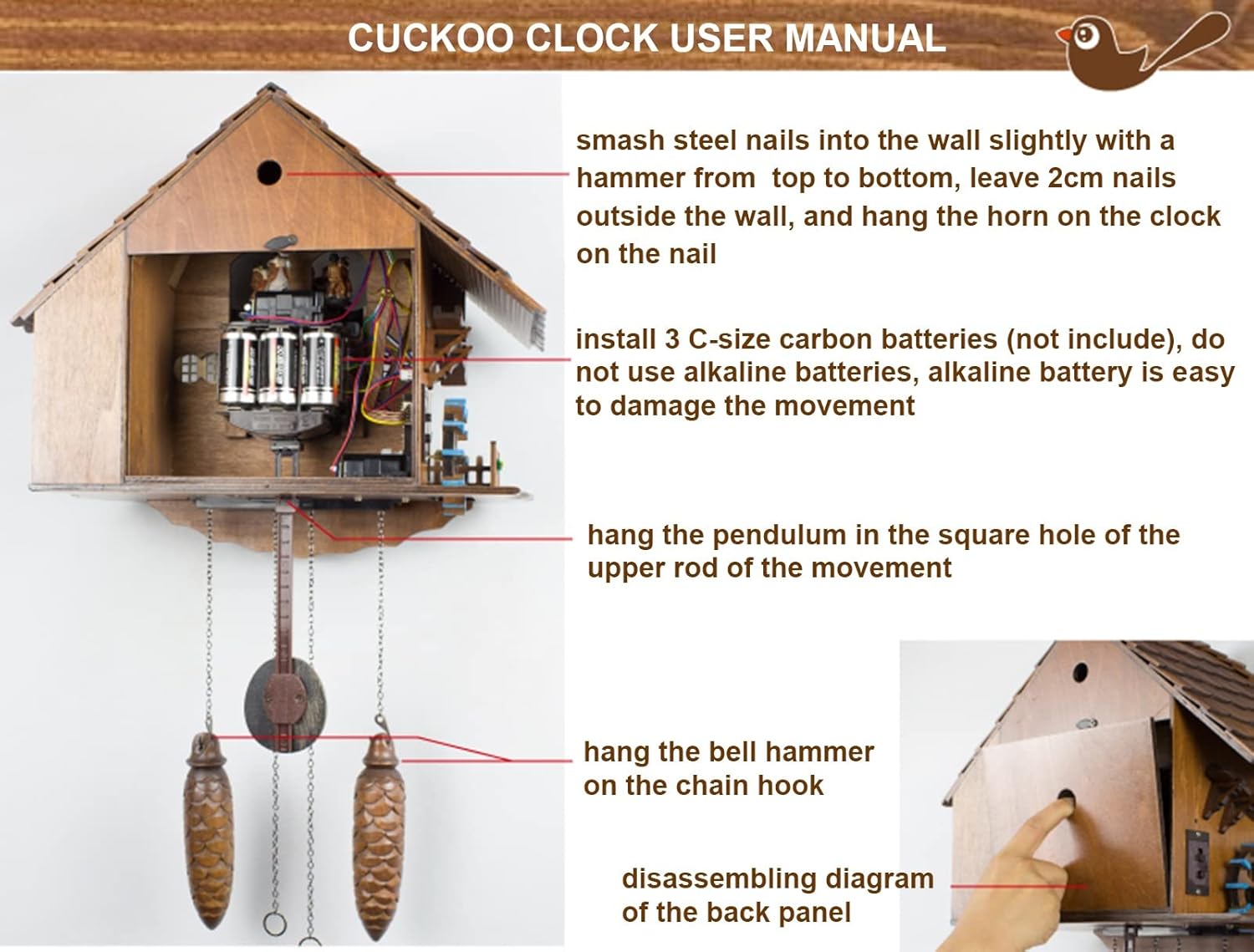 Cuckoo Clock with Pendulum Basswood Wall Clocks Traditional House Clock European Style Hanging Clock for Living Room Office Home Decor Christmas New Year