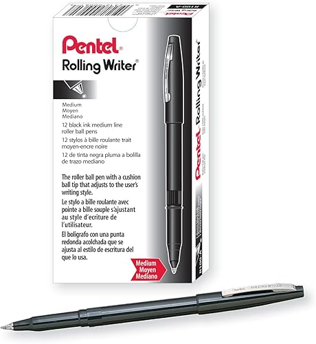Pentel Bolígrafo de escritura rodante, punta de bola acolchada de 0.031 in, tinta negra, 12 bolígrafos (R100-A)