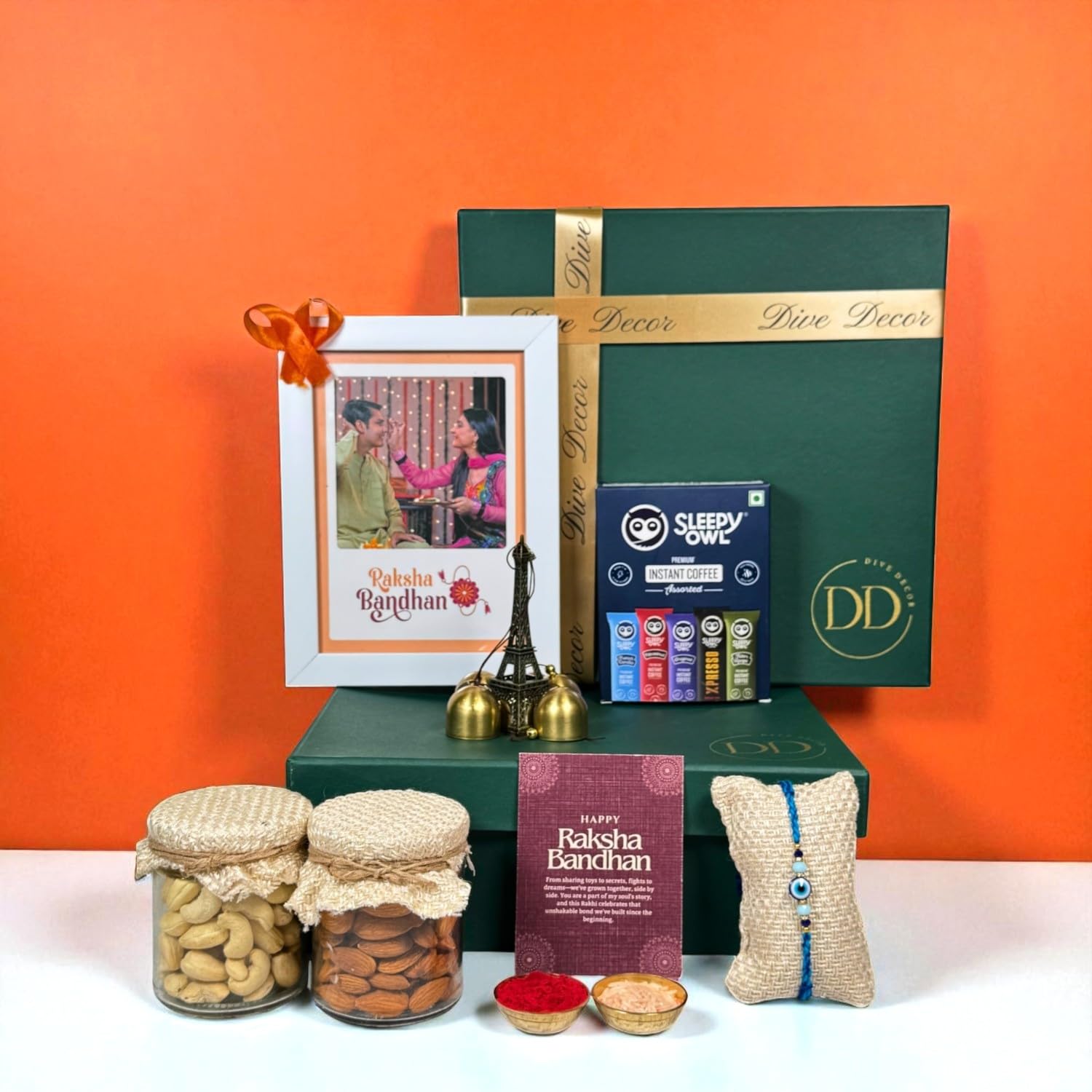 Dive Decor Rakhi Gift Hamper for Brother – Evil Eye Rakhi, Sleepy Owl Brew, Wind Chime, Dry Fruit Jars, Funky Photoframe, Roli Chawal & a Card Full of Sibling, Rakhi Gift Set for Brother-image-20