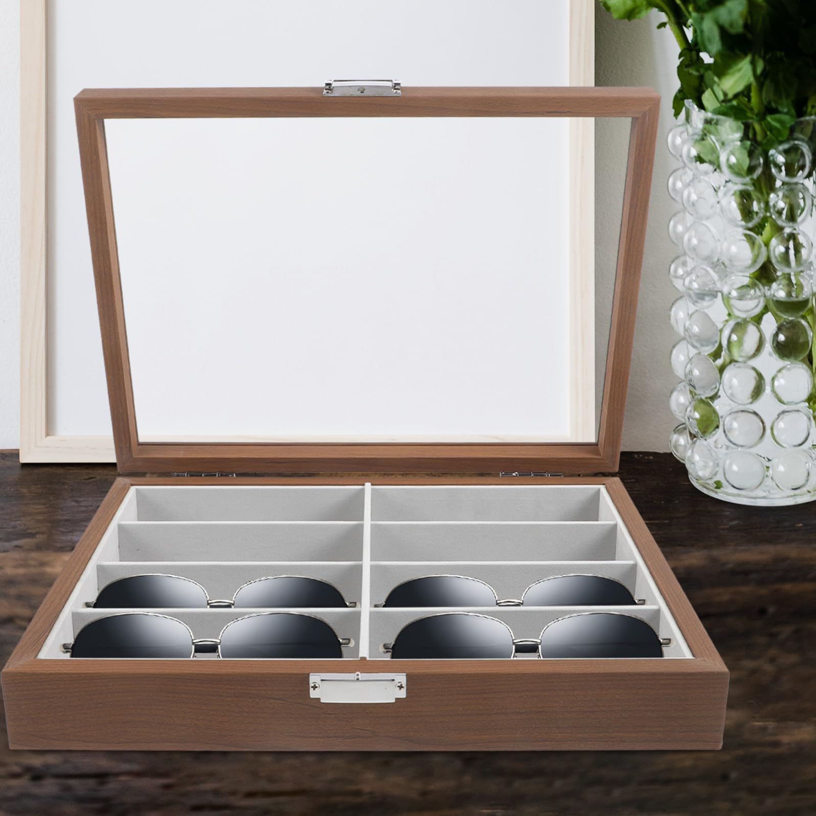 VICASKY Boîte de Rangement Lunettes Bois à Emplacements avec Fenêtre Verre Transparent et Feutrine Intérieure Organisateur Protecteur pour Lunettes de Soleil Présentoir Élégant pour