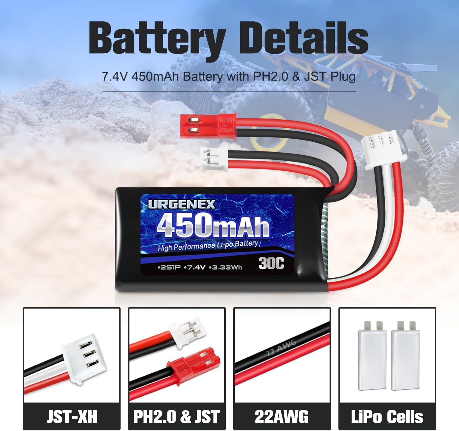 URGENEX 7.4V Lipo Battery 2S 30C 450mAh Rechargeable SCX24 RC Lipo with JST & PH2.0 Double Discharge Plug Fit for Axial Scx24 RC Car Truck and Most 1/10, 1/16, 1/18, 1/24 Scale RC Car Truck Drone