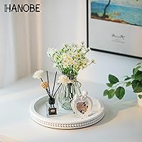 Vista 4 de Hanobe - Bandeja decorativa para mesa de café: Bandeja redonda con cuentas blancas, moderna, bandeja de servir de estilo granja, pieza central