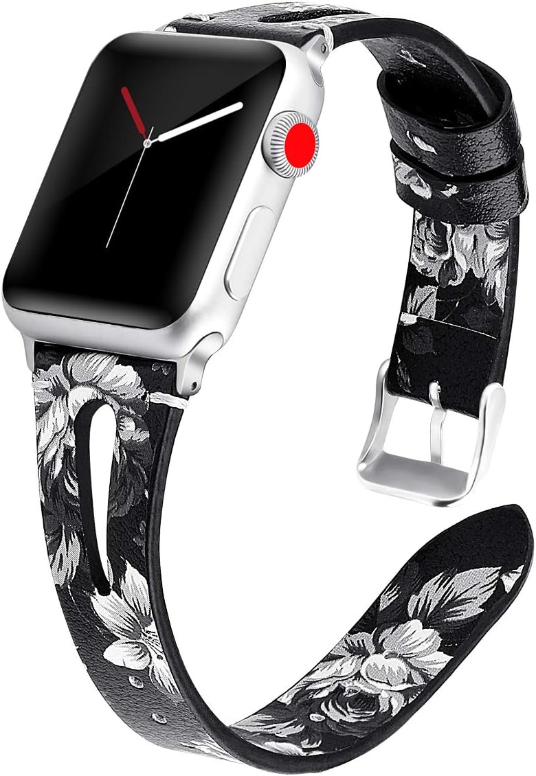 Kaome Leather Band Compatible for Apple Watch Band 40mm 38mm, Slim Elegant Strap, Women Replacement Bands for iWatch Series 4, Series 3, Fashionable Feminine Breathable Slit Floral Design-Pure Jasmine