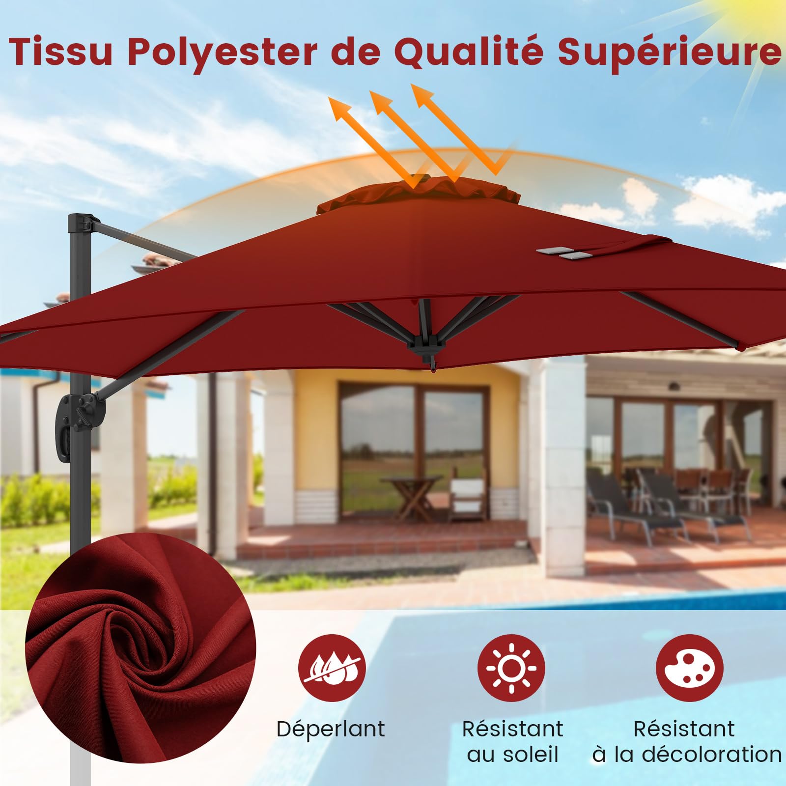 COSTWAY Parasol Déporté Professionnel 3M, Parasol de Jardin Exterieur avec Pied et Manivelle, Anti-UV, Pivotant à 360°, Inclinable, Poteau en Aluminium, pour Terrasse, Patio, Balcon (Bordeaux)