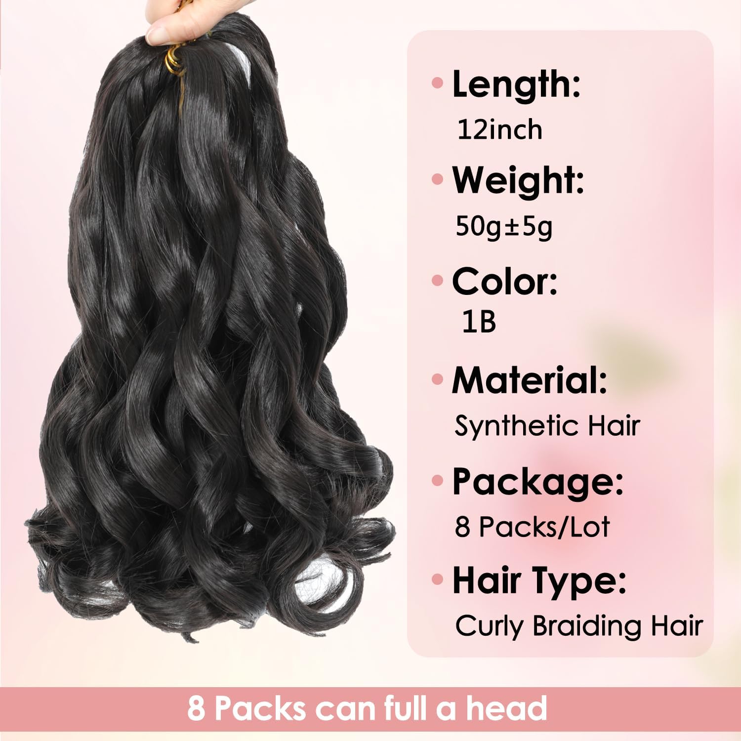 WoWCFyyds 8 Packs French Curl Braiding Hair 12 Inch Loose Wave Spiral Curly Braiding Hair Extensions 50g/Pack Soft French Curls Synthetic Hair Extensions for Braiding(1B) - Image 2