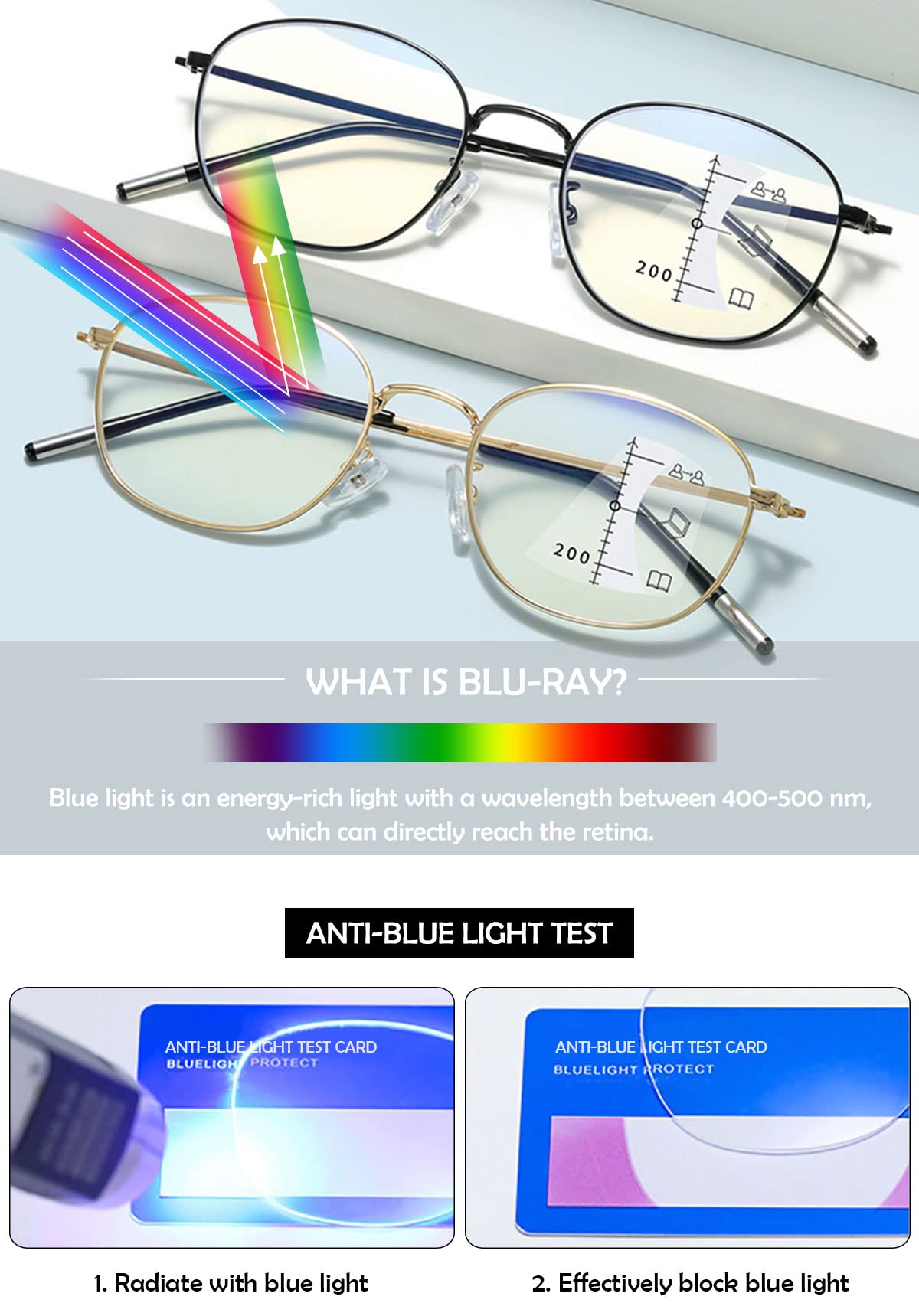 KOOSUFA Mode Runde Gleitsicht Lesebrille Gleitsichtbrille Progressive Multifokus Anti-Blaulicht Herren Damen Ultra Leicht Metallrahmen Arbeitsplatzbrille Lesehilfe 1.0 1.5 2.0 2.5 3.0 3.5 4.0