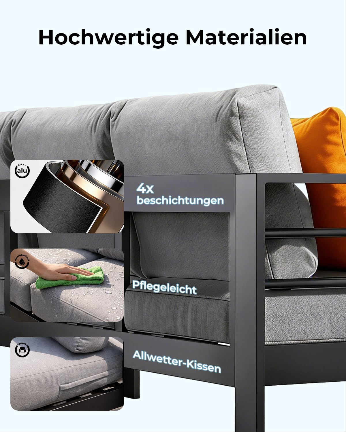 LANOX Gartensofa Gartenmöbel Set 2 Sitzer aus Aluminum,128×65×66 cm, inkl. Sitz- und Rückenkissen, Wetterfest Outdoor Sofa für Balkon Terrasse Garten, Schwarz
